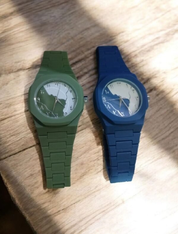 1785835694643 Premium Arabic Numerals Wrist Watch – Silicon Strap, Islamic Dial (Blue & Army Green)
