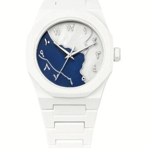 1785836438507 Marble Style White Aura Watch – Dual Tone Blue & White Dial with Arabic Numerals | Premium Fiber Chain Quartz Watch for Men & Women in Pakistan
