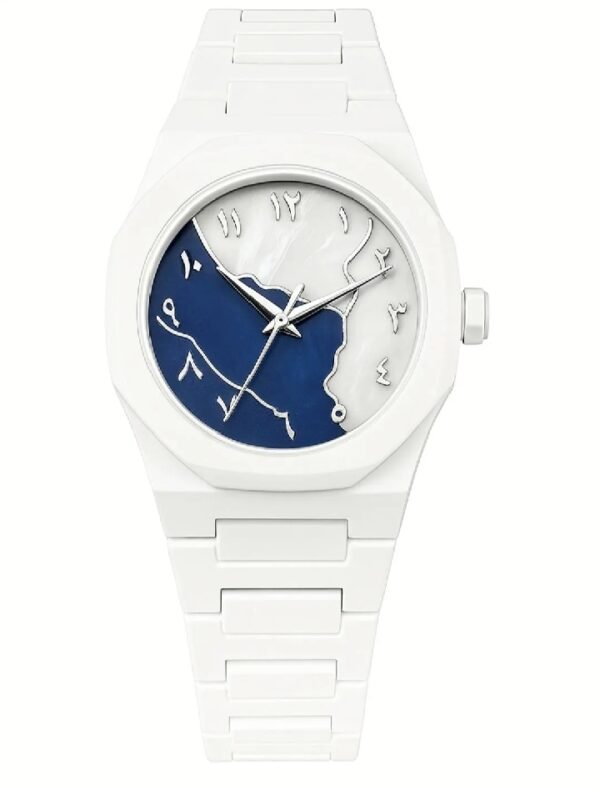 1785836438507 Marble Style White Aura Watch – Dual Tone Blue & White Dial with Arabic Numerals | Premium Fiber Chain Quartz Watch for Men & Women in Pakistan