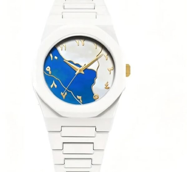 1785836560576 Marble Style White Aura Watch – Dual Tone Blue & White Dial with Arabic Numerals | Premium Fiber Chain Quartz Watch for Men & Women in Pakistan