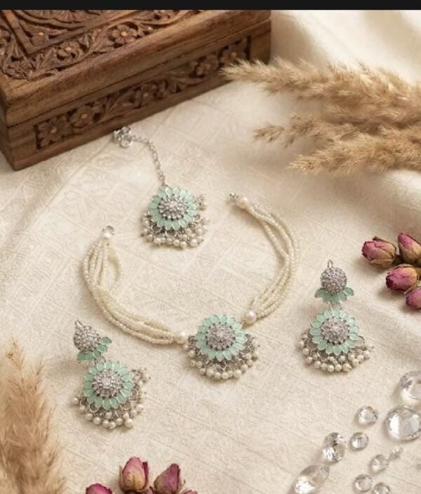 WhatsApp Image 2026-08-11 at 2.30.55 PM Elegant Turkish Zarcon choker necklace set with earrings and tika new flower design for girls and women Gift jewellery set