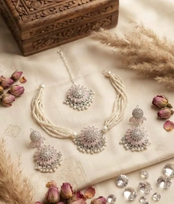 WhatsApp Image 2026-08-11 at 2.31.12 PM Elegant Turkish Zarcon choker necklace set with earrings and tika new flower design for girls and women Gift jewellery set